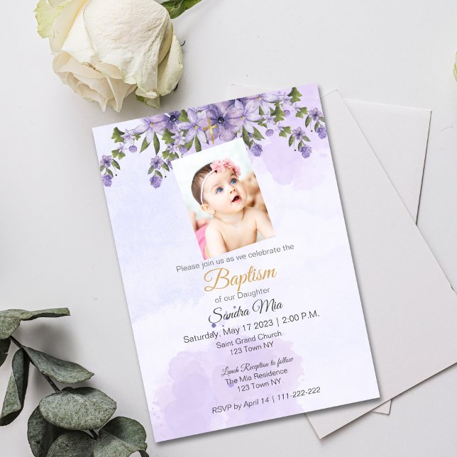 Convite Floral Purple Baptism (Purple Floral Baptism Invite)