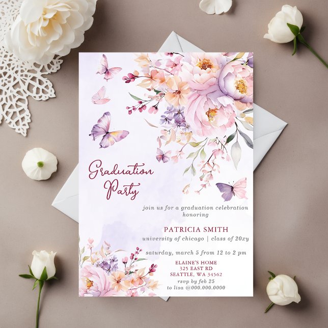 Convite Floral Purple Butterflies Festa de formatura de fo (Floral Purple Butterflies Photo Graduation Party Invitation)