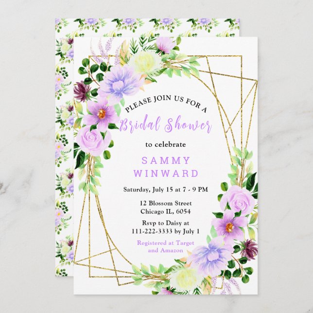 Convite Floral Purple Flowers with Foliage Bridal Shower (Frente/Verso)