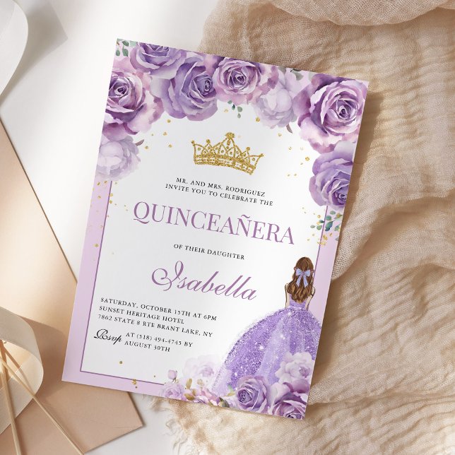 Convite Floral Purple Lilac Quinceanera Dourada Princesa (Criador carregado)