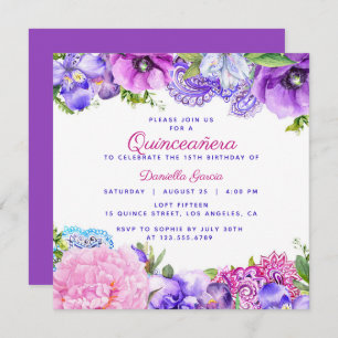 Convite Floral Purple Paisley Modern Quinceañera