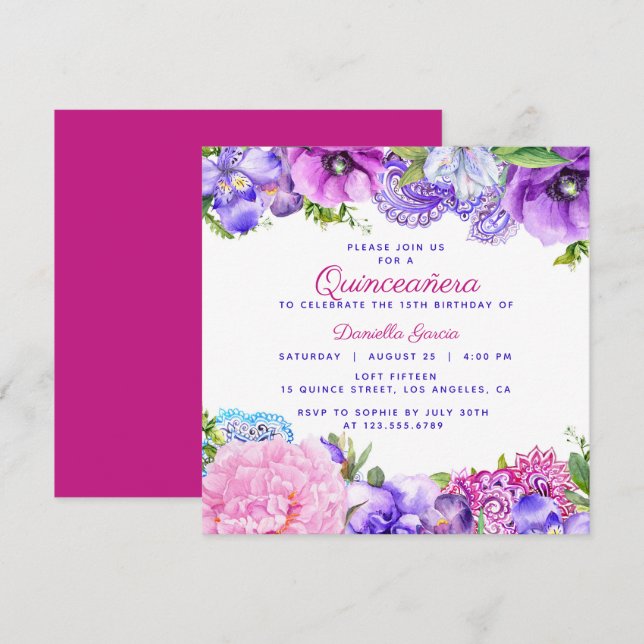 Convite Floral Purple Paisley Modern Quinceañera (Frente/Verso)