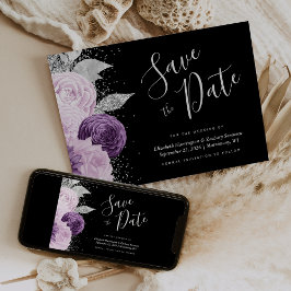 Convite Floral Purple Silver Glitter Black Salvar Data
