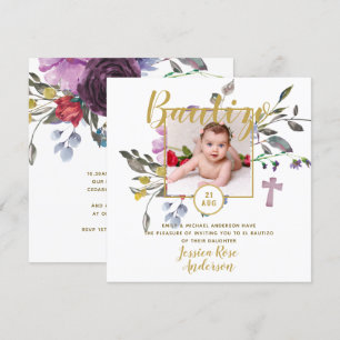 Convite Floral Púrpura PHOTO Bautizo Invitation Espanhol