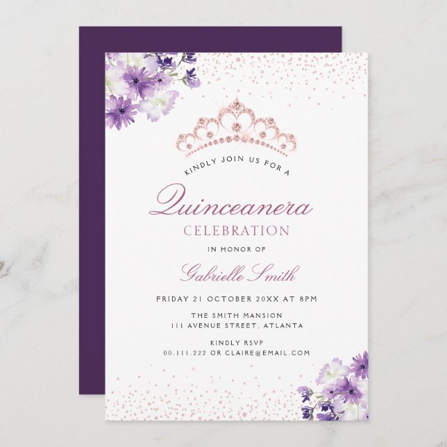 Convite floral púrpura Quinceanera (Frente/Verso)
