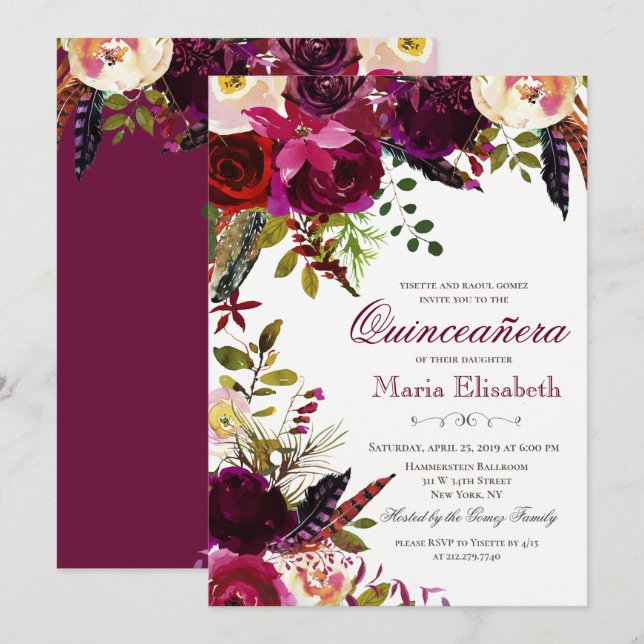Convite Floral Quinceanera (Frente/Verso)