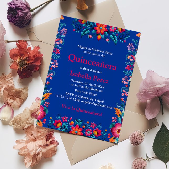 Convite Floral Quinceanera Blue Mexicano Fiesta Birthday (Floral Quinceanera Blue Mexican Fiesta Birthday Invitation on a table with colorful flowers.)