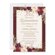 Convite floral Quinceanera Burgundy Gold com Brilh