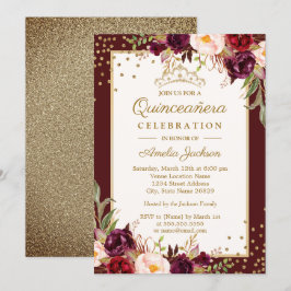 Convite floral Quinceanera Burgundy Gold com Brilh