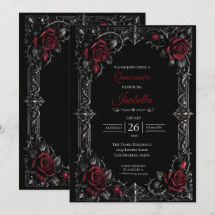 Convite Floral Quinceanera Gótico Vermelho de Hall