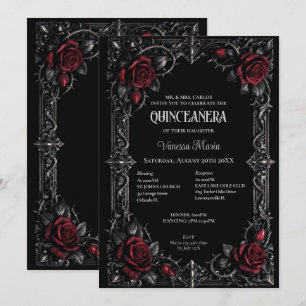 Convite Floral Quinceanera Gótico Vermelho de Hall