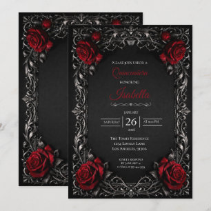 Convite Floral Quinceanera Gótico Vermelho de Hall