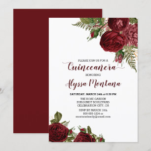 Convite Floral Quinceanera Vermelho Borgonha Rosas