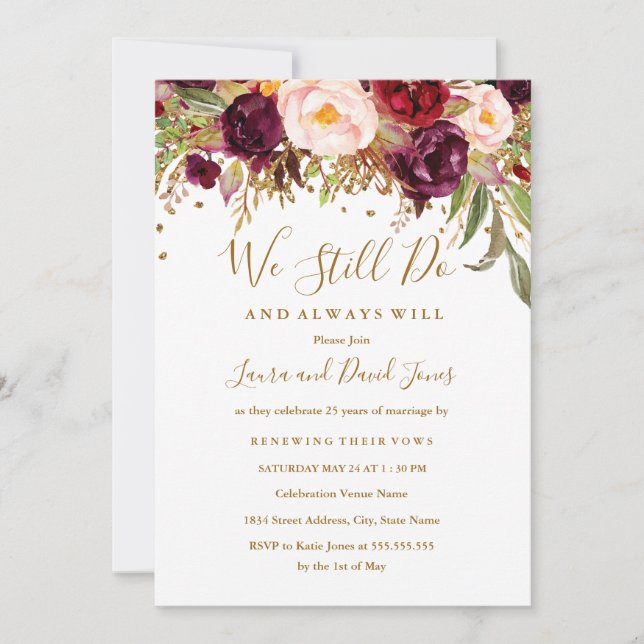 Convite Floral Red Burgundy Vow Renewal (Frente)