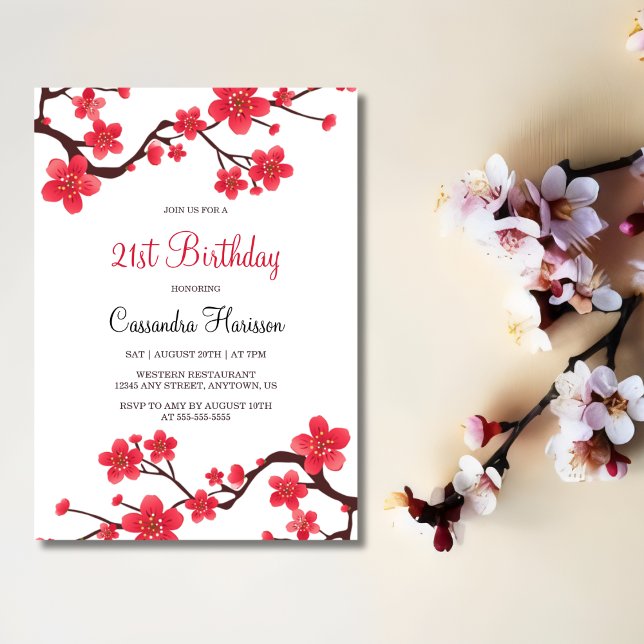 Convite Floral Red Cherry Blossom Sakura aniversário de 21 (Criador carregado)