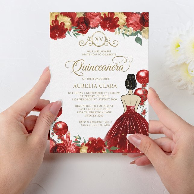 Convite Floral Red Dourada Princesa XV Quinceañera Anivers (Criador carregado)