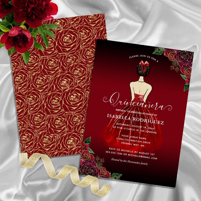 Convite Floral Red Princess Dourado Birthday Quinceañera (Floral Red Princess Gold Birthday Quinceañera Invitation)