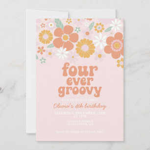 Convite Floral Retro Quatro Sempre Groovy 4º aniversário