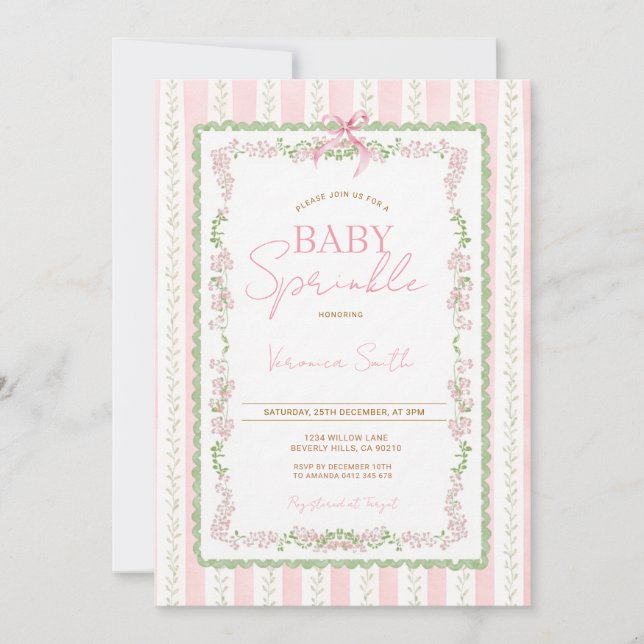 Convite Floral Ribbon Pink Baby Sprinkle Invitation (Frente)