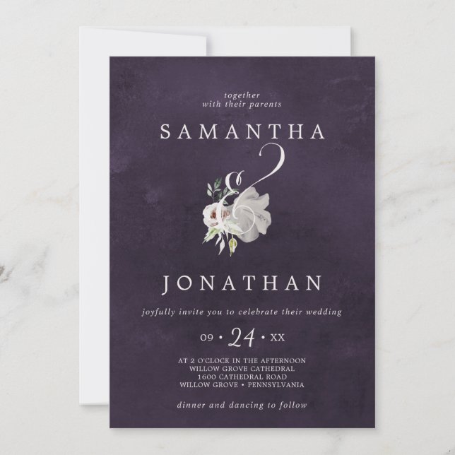 Convite Floral Romance Ampersand | Plum Wedding (Frente)