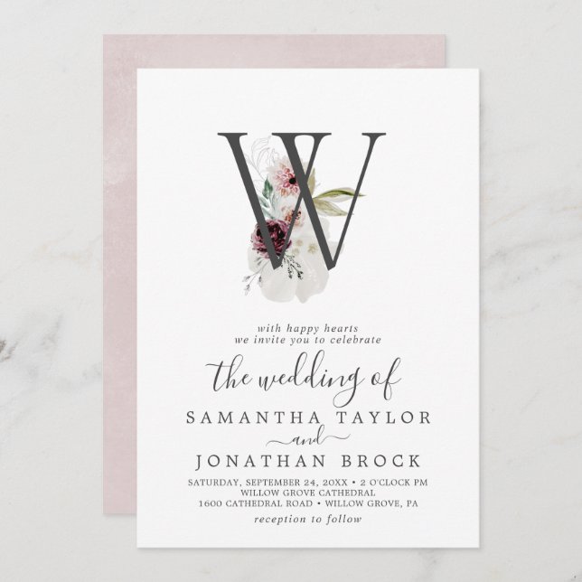 Convite Floral Romance - Letra W Blush Monograma Wedding (Frente/Verso)