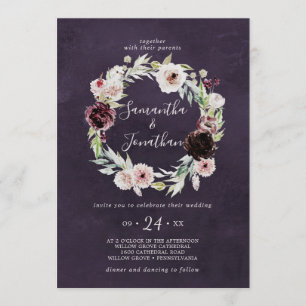 Convite Floral Romance Wreath Casamento de ameixa