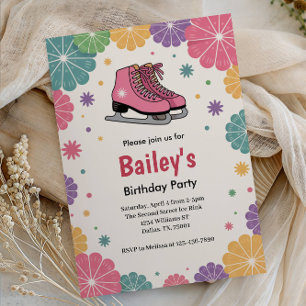 Convite Floral Rosa Aniversário Retrô de Patinação no Gelo