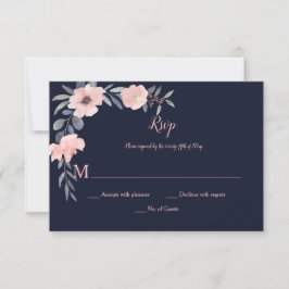Convite Floral Rosa - Azul Marinho - Casamento |