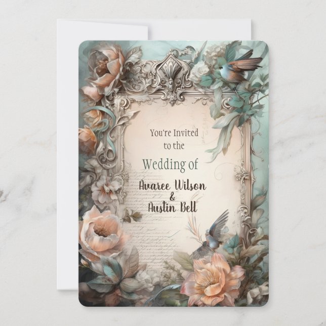 Convite Floral Rosa Azul Pastel Vitoriano (Frente)