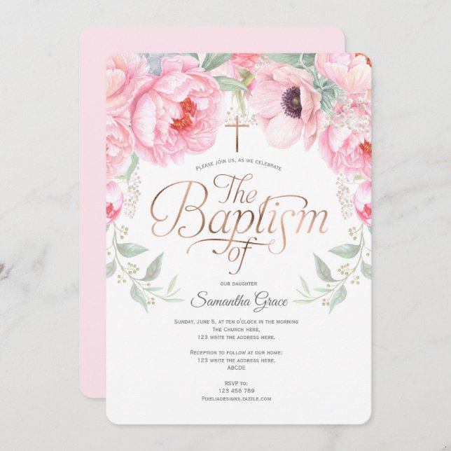 Convite Floral, Rosa, Batismo De Garota Elegante (Frente/Verso)