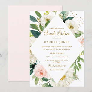 Convite Floral Rosa Bege Dourado Sweet Sixteen