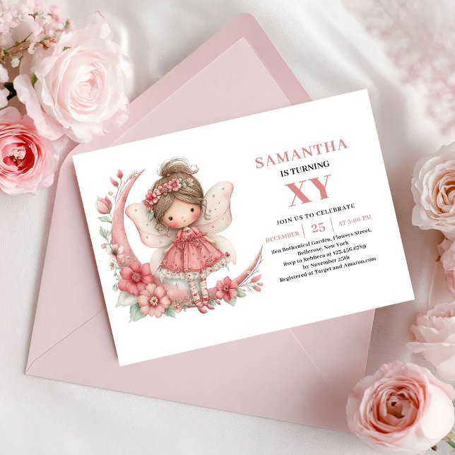 Convite Floral Rosa Blush para Aniversário de Meni (Fairy Girl Birthday Blush Pink Floral Invitation)
