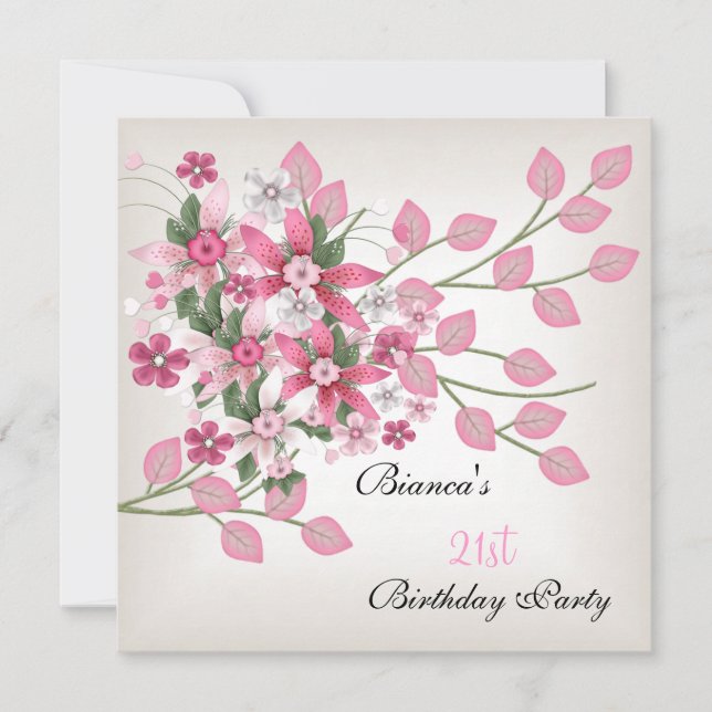 Convite Floral Rosa Bonito do Partido aniversário de 21 an (Frente)