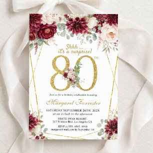 Convite Floral Rosa Borgonha Dourado Elegante para
