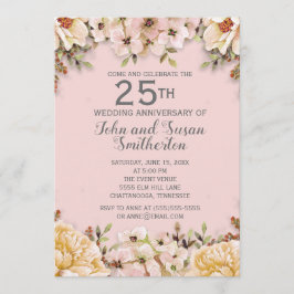 Convite Floral Rosa Branco Aniversário de Casamento de 25 