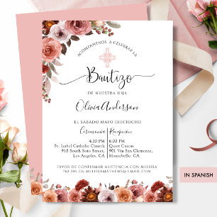 Convite Floral Rosa Clássico de Batismo Espanhol