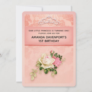 Convite Floral rosa com Tiara de Diamante Elegante Anivers