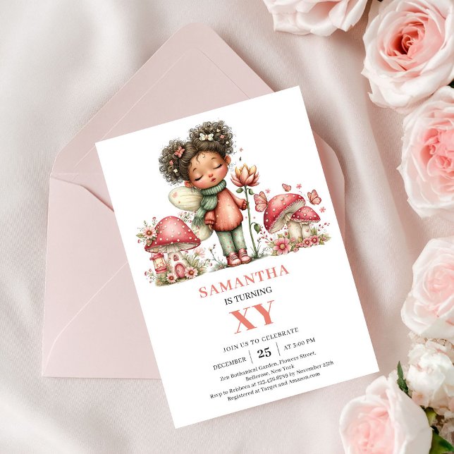 Convite Floral Rosa de 5º Aniversário da Fada Capr (Whimsy Fairy 5th Birthday Pink Floral Invitation)