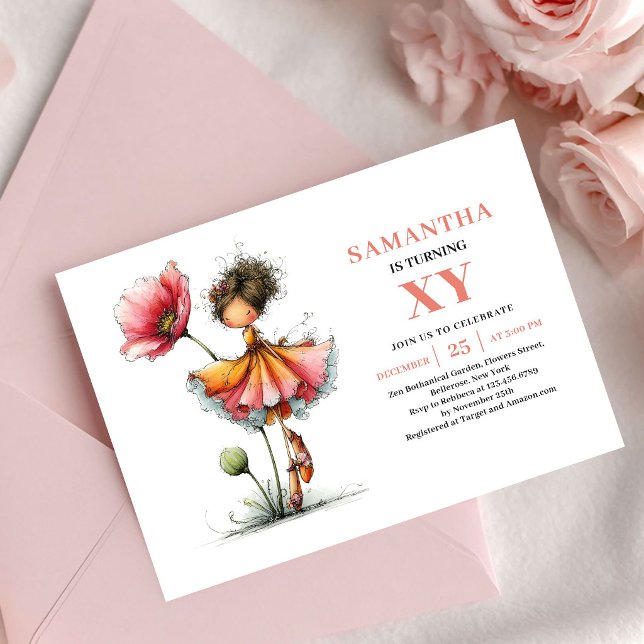 Convite Floral Rosa de Aniversário da Fada Bloom (Bloom Fairy Girl Birthday Floral Pink invitation)