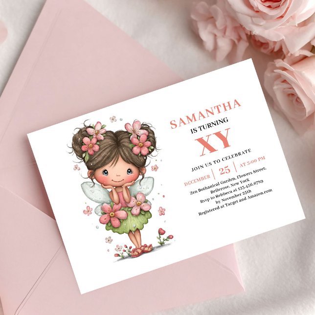 Convite Floral Rosa de Aniversário da Fada Brilhan (Sparkling Fairy Girl Birthday Floral Pink invitation)
