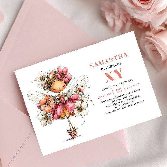 Convite Floral Rosa de Aniversário da Fada Brilhan (Sparkling Fairy Girl Birthday Floral Pink invitation)