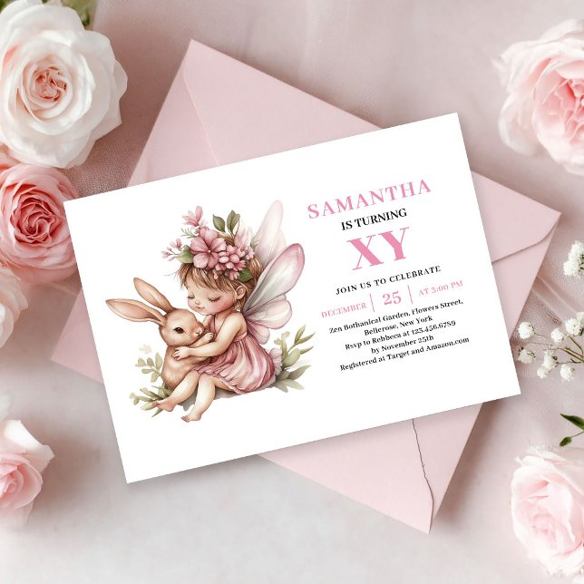Convite Floral Rosa de Aniversário de Menina Fada  (Magical Fairy Girl Birthday Pink Floral invitation)