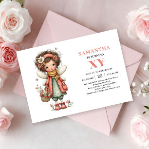 Convite Floral Rosa de Aniversário de Menina Fada 
