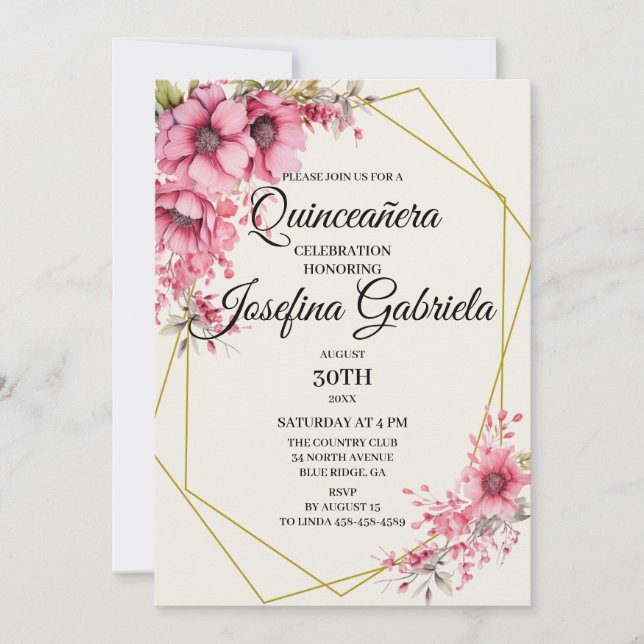 Convite floral rosa de Quinceañera (Frente)