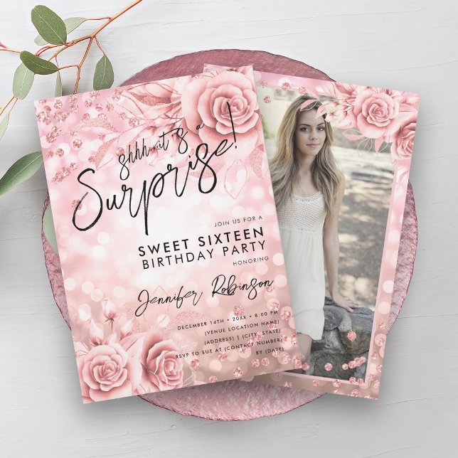 Convite Floral Rosa Dourado Luzes Foto Surpresa Doce 16 (Floral Rose Gold Lights Photo Surprise Sweet 16 Invitation)