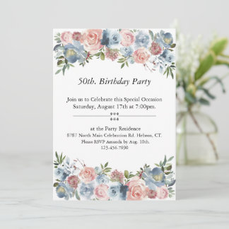 Convite Floral rosa e azul, personalizável, 50º. Aniversár