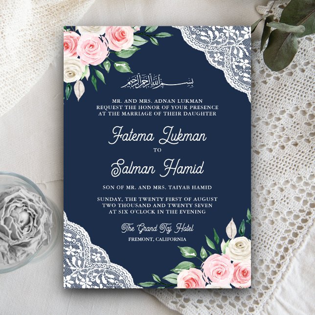 Convite Floral Rosa em Renda Azul Marinho Código QR Casame (Criador carregado)