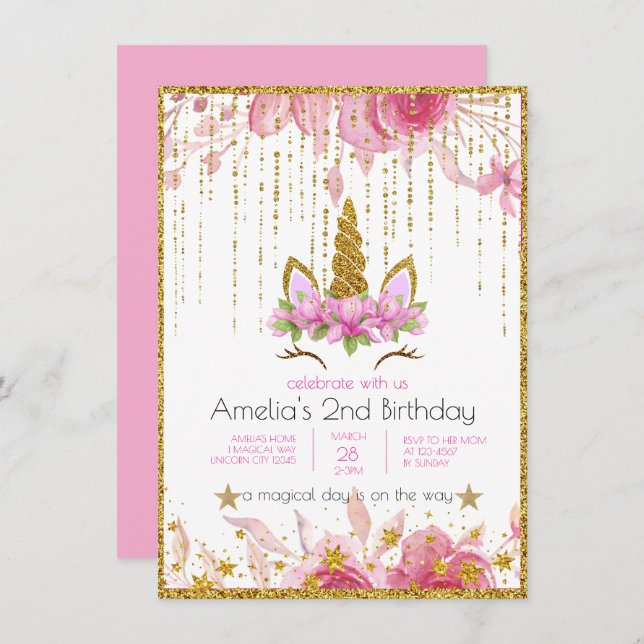 Convite Floral Rosa| Festa de aniversário Unicorn (Frente/Verso)