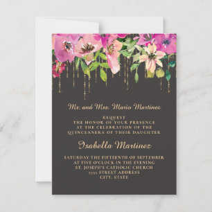 Convite Floral Rosa Folhas Verdes Preto Dourado Quinceañer