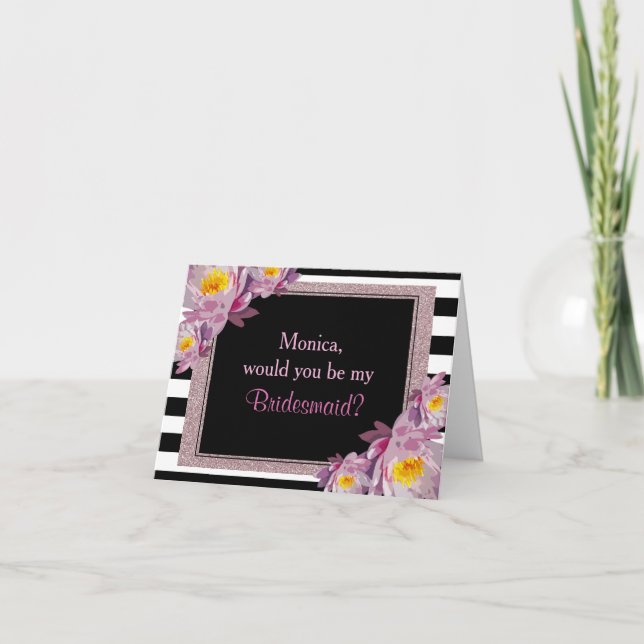 Convite Floral Rosa Glitter será minha dama de honra? (Frente)
